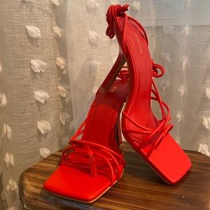 Square toe lace up mid heel sandals